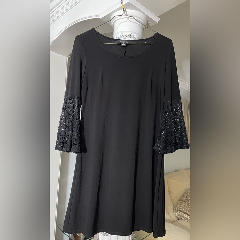 R&M Richards women’s Size 12 P black dress with bell sleeves, Lace and sequins